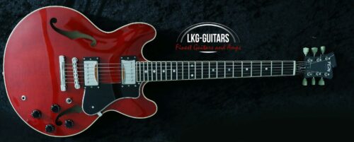 FGN Masterfield Semiakustik-Gitarre, Flamed Cherry Red, HH Pickups, inkl. Koffer